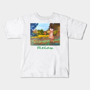 Woman girl walking in meadow zen yoga buddhism Kids T-Shirt